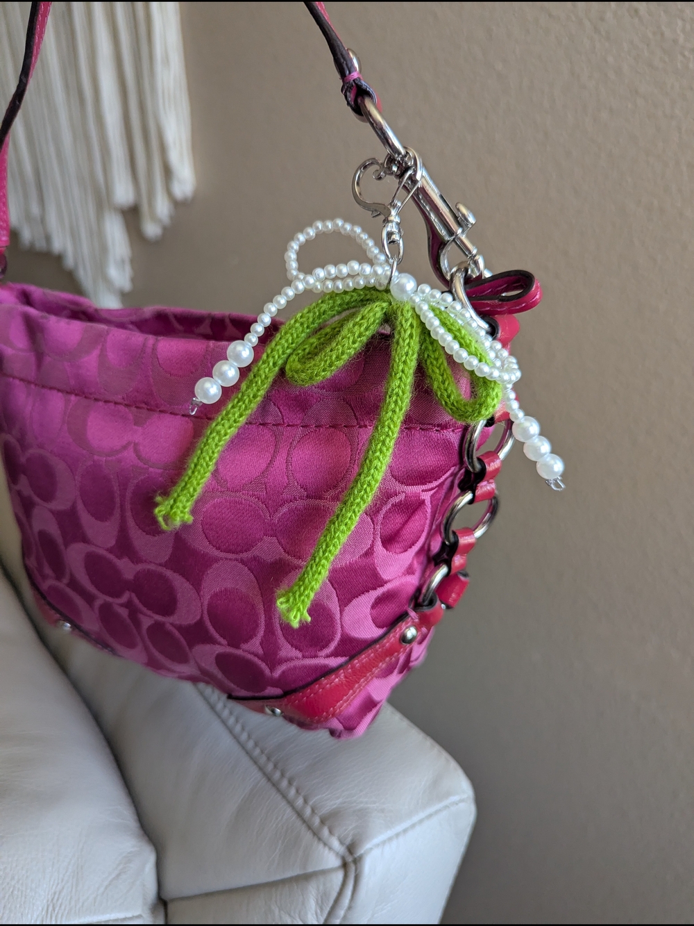 Coach Pink Signature Jacquard Shoulder Bag with Pearl Charm - Picture 5 of 16